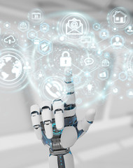 White robot hand using cyber security data interface 3D rendering