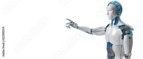 White male cyborg pointing his finger 3D rendering