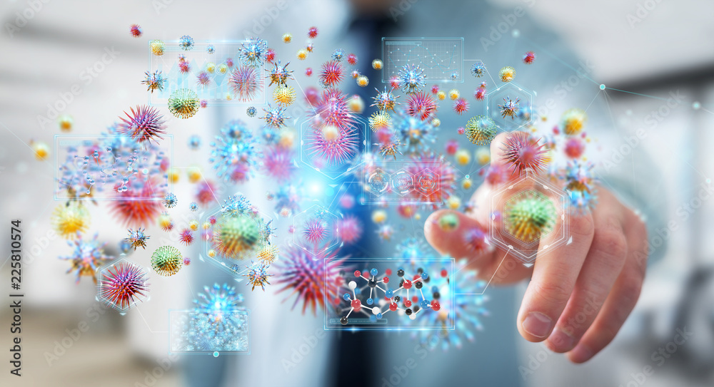 Poster businessman analyzing bacteria microscopic close-up 3d rendering