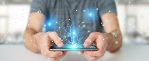 Businessman using futuristic connection interface 3D rendering