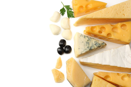 Variety of cheese isolated on white background. Different sorts of cheese. top view