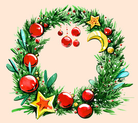Christmas New Year wreath spruce watercolor