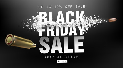 Black Friday sale. Blast wave with flying particles. Shot at prices with a flying bullet, creative template.