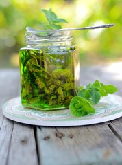 Homemade mint jam with mint sprig