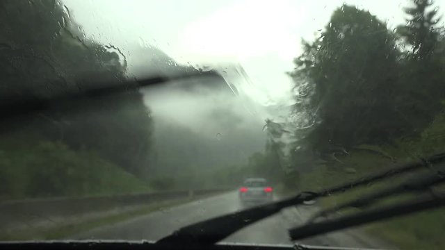 Traffic in Rain, Driving Car, Storm on the Road, Highway, Rainy Drops View