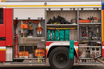 View of neatly fixed equipment for fire fighting.