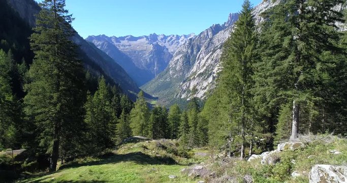 Flying forward in an alpine valley with coniferous forests and rock faces. Val di Mello, Valtellina, Italian Alps. This valley is famous for sport climbing. Aerial shot made with drone.