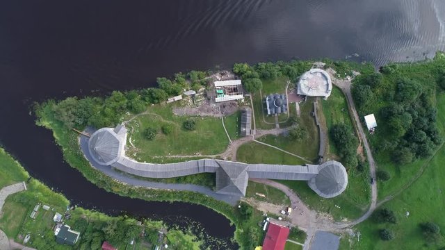Flight over the Staraya Ladoga fortress and the Volkhov River, Russia, 4k