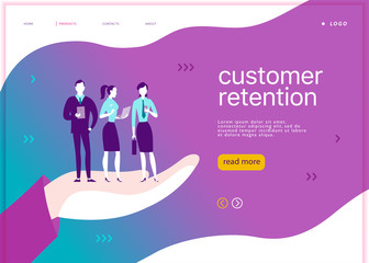Vector web page concept design - customer retention theme. Office people with mobile device stand on big human hand. Landing page, mobile app, site template. Business illustration. Inbound marketing.