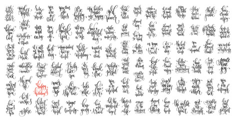 set of 100 hand lettering positive quotes isolated on white, mot