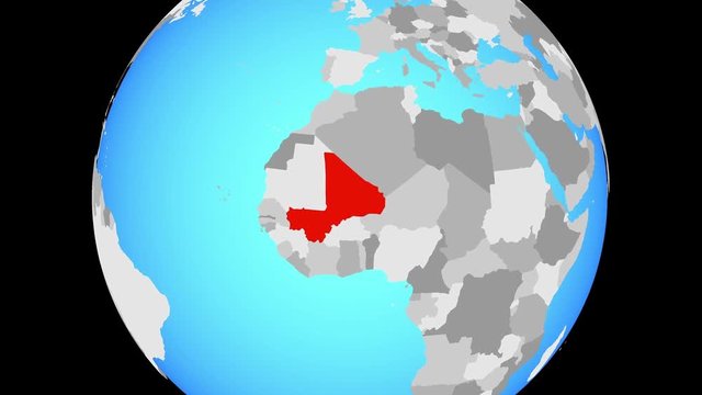 Zoom to Mali on blue political globe. 3D illustration.