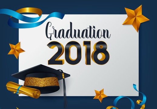 Vector Template Of Announcement Or Invitation To Graduation Ceremony Or Party With Unusual Realistic Image Of Graduation Cap And Stack Of Books