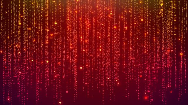 Falling Heart Glittering Particle Streaks, Raining Glowing Glitter Particles, Motion Background. Animated Video Backdrop Loop Multicolored, Digital Heart Rain.