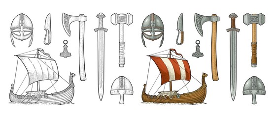 Set viking. Knife, drakkar, axe, helmet, sword, hammer, thor amulet - obrazy, fototapety, plakaty