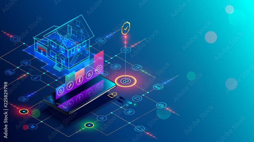 Poster smart home with internet of things isometric concept. iot technology in house automation design. sma