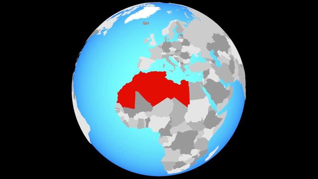 Zoom to Maghreb region on blue political globe. 3D illustration.