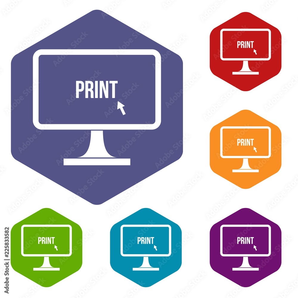 Poster print word on a computer monitor icons set rhombus in different colors isolated on white background