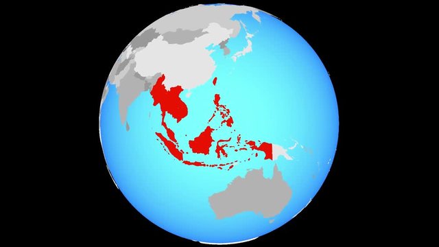 Zoom to ASEAN memeber states on blue political globe. 3D illustration.