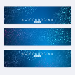 Scientific set of modern vector banners. DNA molecule structure with connected lines and dots. Science vector background. Medical, tecnology, chemistry design.
