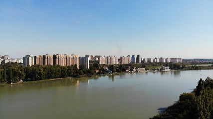 Park Sunny Island in Krasnodar from the air. View of the river from the air.