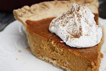 Slice of homemade pumpkin pie with topping and sprinkled with pumpkin pie spice. Extreme shallow depth of field with selective focus on whipped cream.