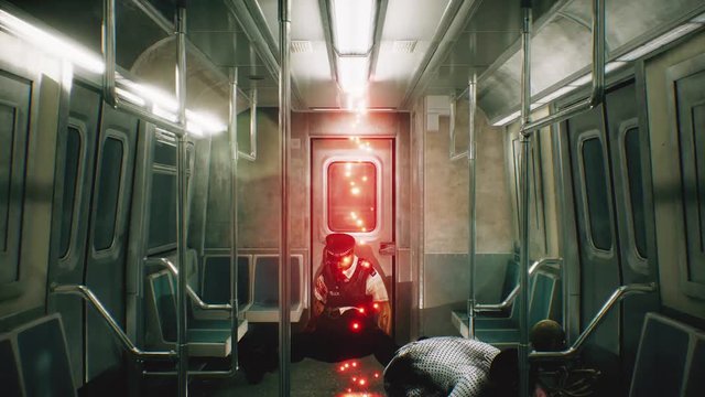 Abandoned railway horror train with zombie. Horror and post apocalyptic scene. Loopable.