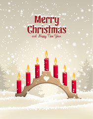 Traditional Christmas wooden candlestick with red candles