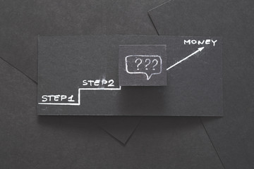stages to financial success. last step in reaching the money goal is unknown. layered black paper...