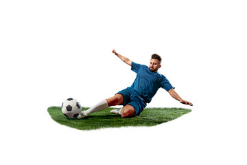 Football player tackling for the ball over white background. Professional football soccer player in motion isolated on white studio background. Fit fighting man in action, movement at game with ball. © master1305