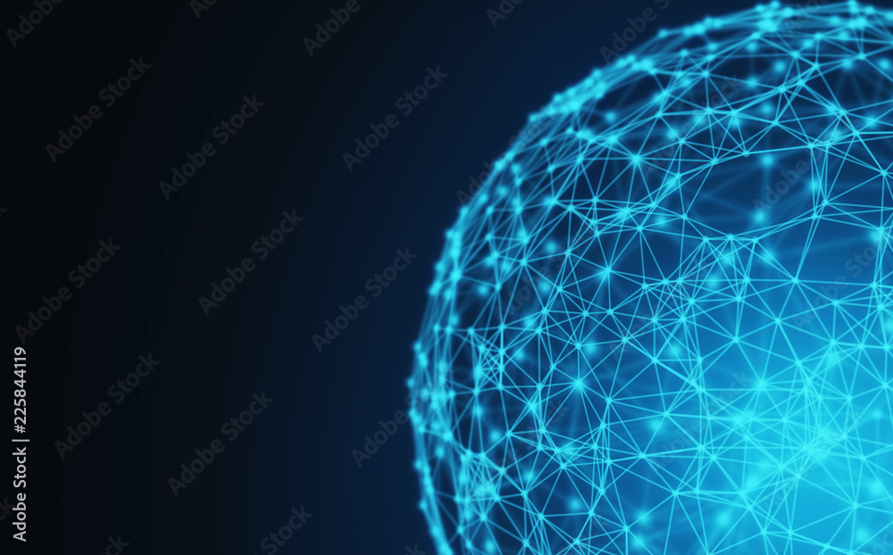 Poster blue sphere shape ball with digital data and network connection triangle lines for technology concep