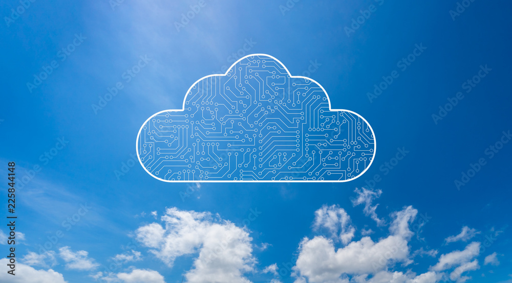 Poster cloud computing computer technology icon with circuit board pattern texture isolated on blue sky. hi