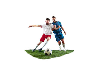 Football players tackling for the ball over white background. Professional football soccer players...