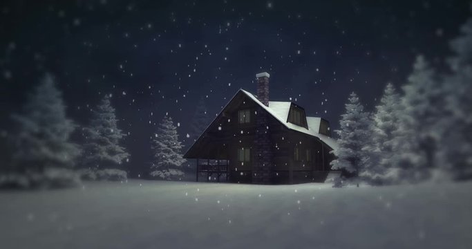 lighted cabin in a snowy forest at night snowfall, winter season outdoor scenery 4k footage with black end