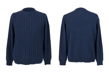 male blue sweater isolated on white front and back