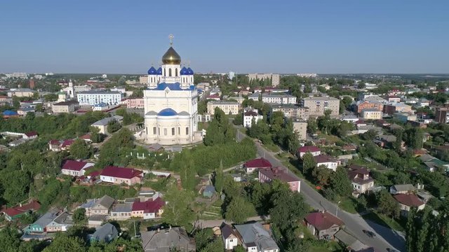 Aerial view of Ascension Cathedral church in Yelets city, Lipetsk region, Russia, 4k