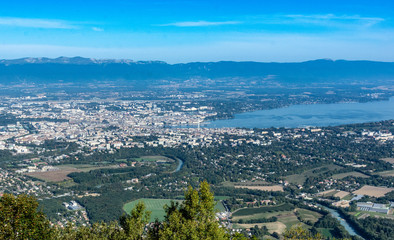 Aerial view of Geneva, Switzerland, lac lemon / geneva lake and the surounding landscape as seen from Mont-Saleve, France