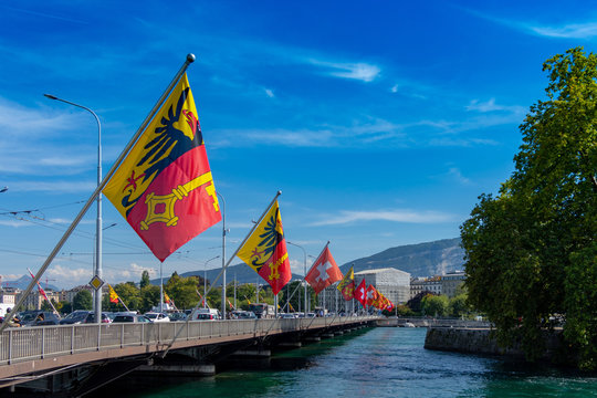 Flags on the pont du mont blanc bridge of Geneva, Switzerland
