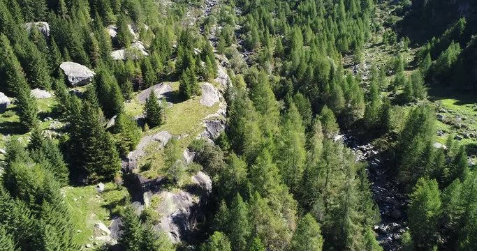 Flying forward in an alpine valley with coniferous forests and rock faces. Val di Mello, Valtellina, Italian Alps. This valley is famous for sport climbing. Aerial shot made with drone.