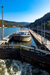 River barge in lock on the Neckar river Heidelberg Germany