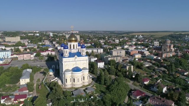 Aerial view of Ascension Cathedral church in Yelets city, Lipetsk region, Russia, 4k