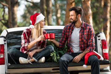 couple in christmas hats clinking by glasses in car trunk with fir tree in forest