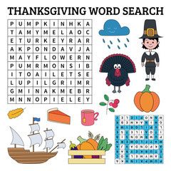 Learn English with Thanksgiving word search game for kids. Vector illustration. - 225853317