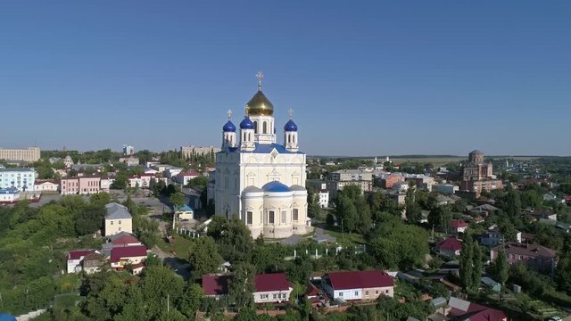Aerial view of Ascension Cathedral church in Yelets city, Lipetsk region, Russia, 4k