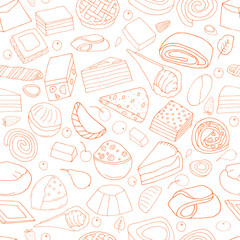 Seamless pattern from  set of desserts.Cakes, sweet rolls and pies, biscuits and berries.hand drawn vector illustration.doodles cartoon style.