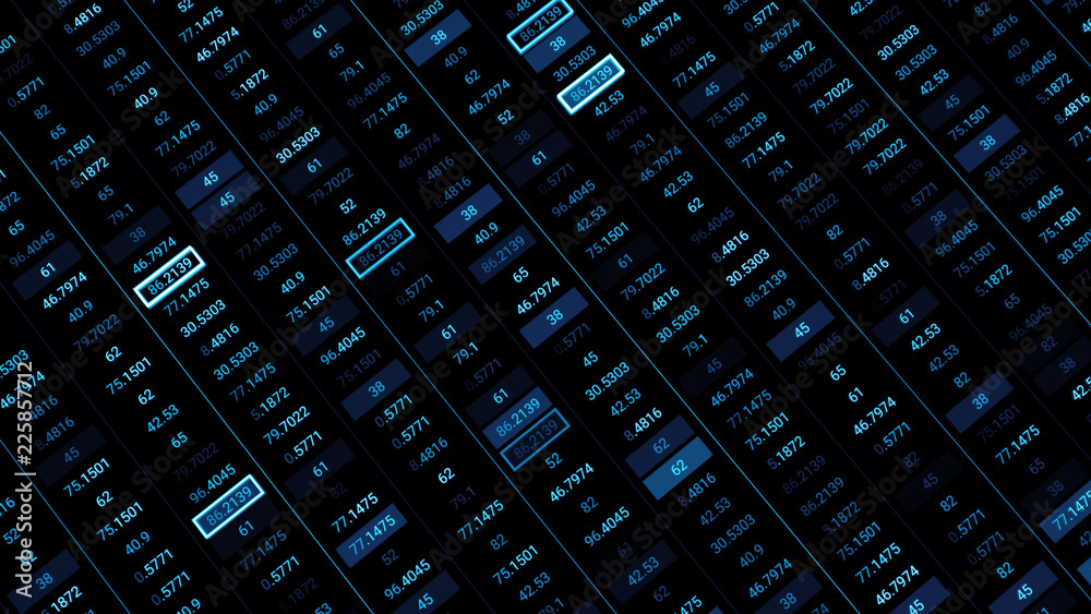 Poster 3d render abstract background with stock market digits. financial concept. stock market data on disp