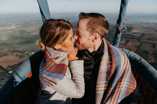 Newly Engaged Couple In Hot Air Balloon