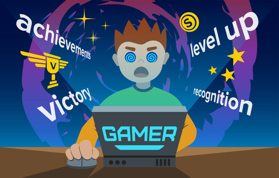 Video Game Addiction Flat Illustration, The Young