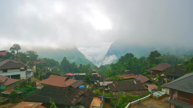 Time lapse Phahee village with clouds moving and blue sky in Chiang Rai province, Thailand.
