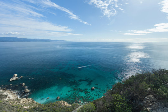View of sea from hilltop, Piscinas, Sardinia, Italy