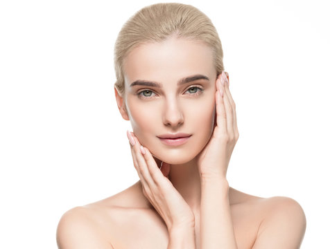 Healthy skin face closeup woman isolated on white female with natural makeup blonde hair beauty